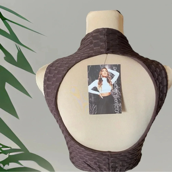 naked wardrobe open back mock neck crop top brown M - Picture 2 of 5